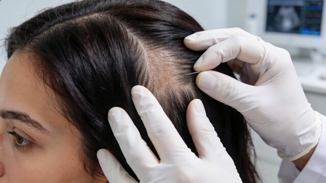 Dermatologist in medical gloves examining scalp and hair loss condition of female patient in clinic.