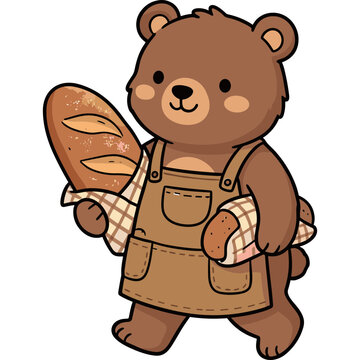 Cute brown bear wearing overalls holding a fresh baguette and bread, kawaii cartoon illustration