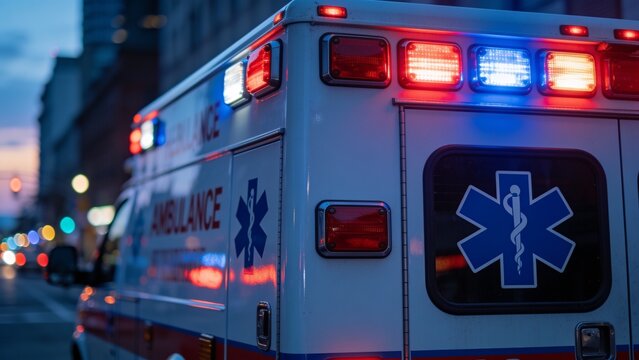 An emergency ambulance vehicle driving through a city street at twilight with flashing red and blue lights.
