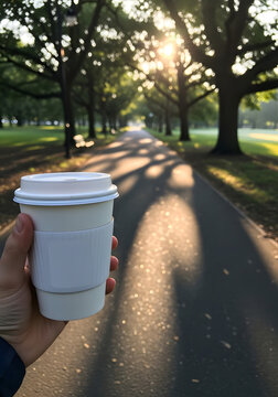 Coffee cup mockup in hand while walking along park path with sunlight through trees creating clean fresh outdoor lifestyle branding presentation