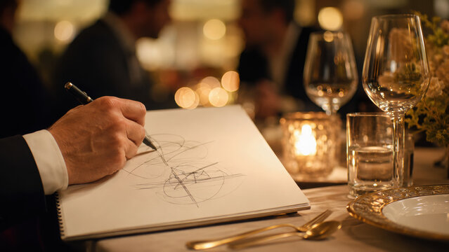 Executive networking dinner scene with elegant table setting, candlelight ambiance, and hand sketching abstract art