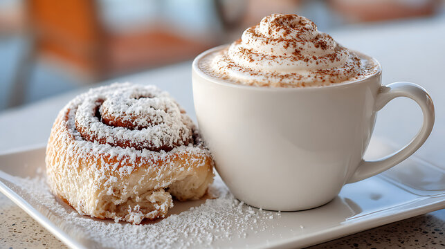 Fresh cinnamon roll topped with sticky icing beside a frothy cappuccino, offering warmth, sweetness, and comfort.