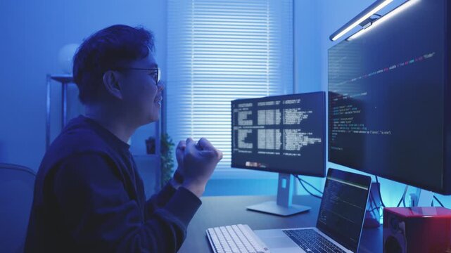Excited Programmer Celebrating Achievement in Front of Computer Monitors.