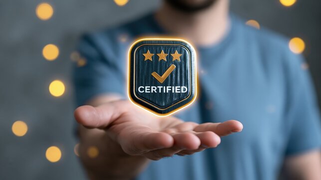 A man proudly holding a certified badge with a glowing orange checkmark and stars
