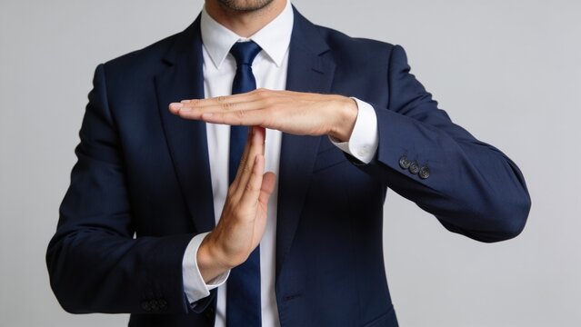 Businessman in formal blue suit showing time-out hand gesture against grey background.