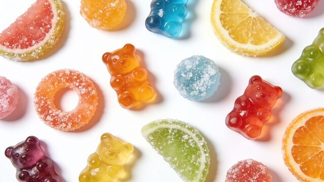 Assortment of colorful gummy bears, jelly candies, and citrus slices arranged on a white background.