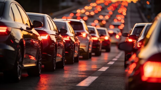Heavy traffic jam with line of cars stuck on a highway at sunset.