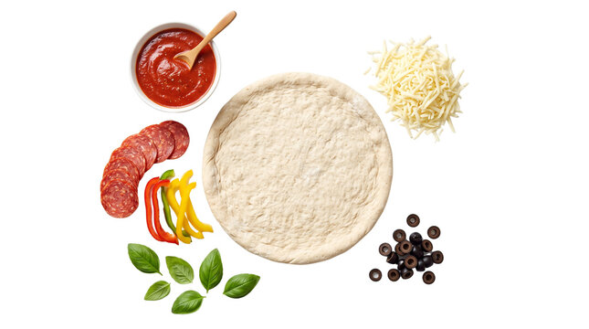 Raw pizza dough with fresh ingredients, homemade pizza base with tomato sauce and pepperoni, flat lay of italian food toppings on white background