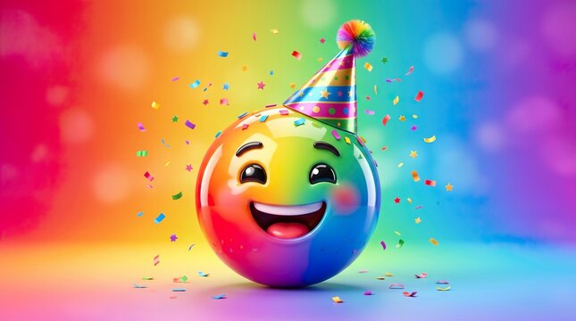 Happy party emoji face with colorful hat and confetti on rainbow background, joyful 3d celebration illustration.