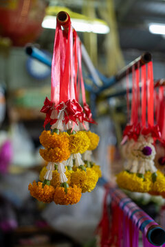 Thai Jasmine and Marigold Garland Hanging by Red Ribbon, Surat Thani, Thailand