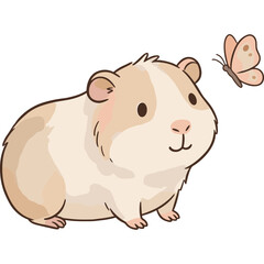Fototapeta premium Adorable cartoon guinea pig watching a small butterfly friend cute animal illustration isolated on white background