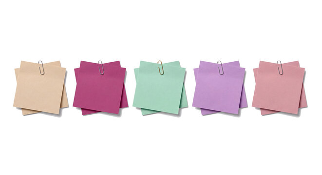 Five blank pastel sticky note stacks with paper clips arranged in a row, isolated on white background for memo and note design set