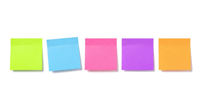 Five blank sticky notes in neon colors arranged in a row, isolated on white background for memo, reminder and note design
