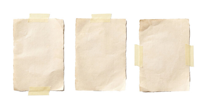 Three blank vintage paper sheets taped with masking tape, isolated on white background for scrapbook, memo and retro collage design