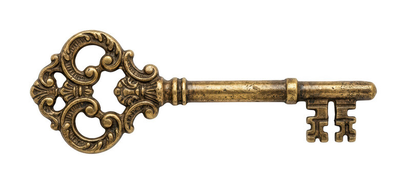 Vintage antique key png Ornate brass key cutout Golden skeleton key png Decorative old key cutout Intricate metal key png Victorian style isolated transparent background image