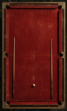 Vintage worn red felt billiard pool table with two cues and single white cue ball, top view for classic bar game and indoor leisure entertainment concepts