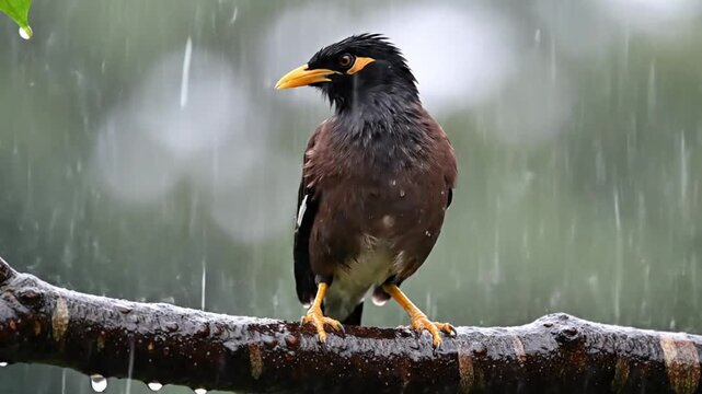 A common myna bird perched on a wet tree branch during a heavy rain shower.
