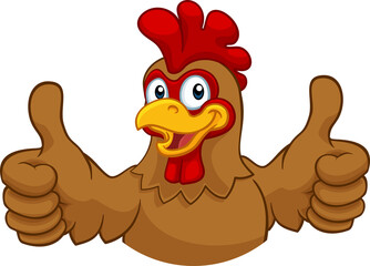 A chicken cartoon rooster cockerel character mascot giving a thumbs up. © Christos Georghiou