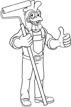 A chicken or rooster painter decorator handyman cartoon construction man mascot character holding a paint roller tool