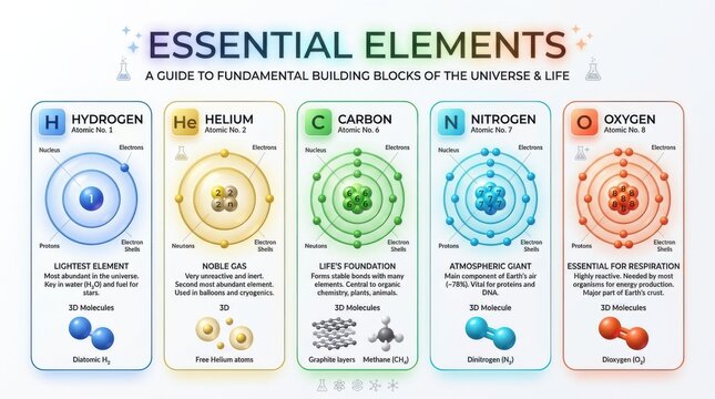 Atomic models of hydrogen helium carbon nitrogen and oxygen with molecular structures a vector illustration atom number structure chemical element chemistry circular