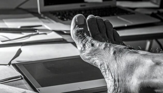 Close-up monochrome view of an aged foot resting on a tablet, with a laptop and papers in the background.