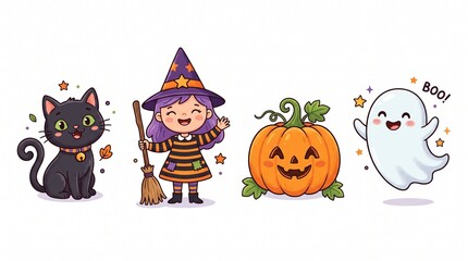 Fototapeta premium Cute Halloween character set illustration vector isolated on white background. Perfect for greeting cards, invitations, and decorations.