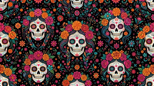 Day of the dead sugar skull floral pattern