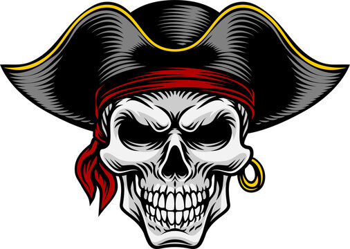 A pirate skull in a captain hat skeleton vintage woodcut style design