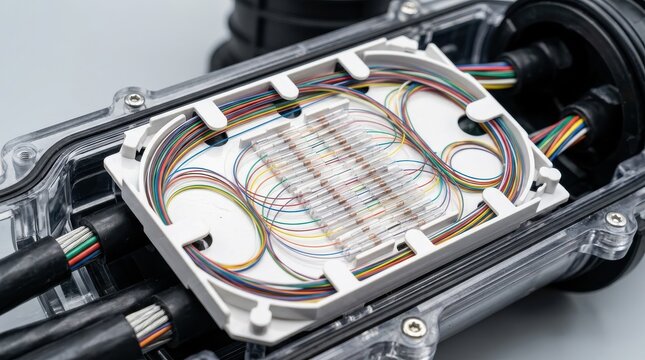 Close-up view of organized optical fiber splice tray with bundled cables inside a protective enclosure