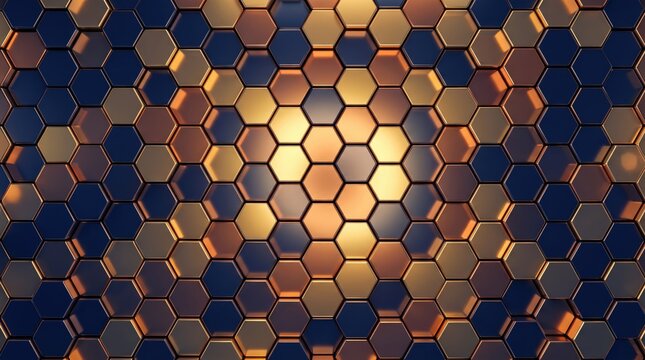 Abstract 3D hexagon pattern with metallic gold and blue gradient texture, geometric honeycomb structure design element, futuristic technology surface and modern architectural wall
