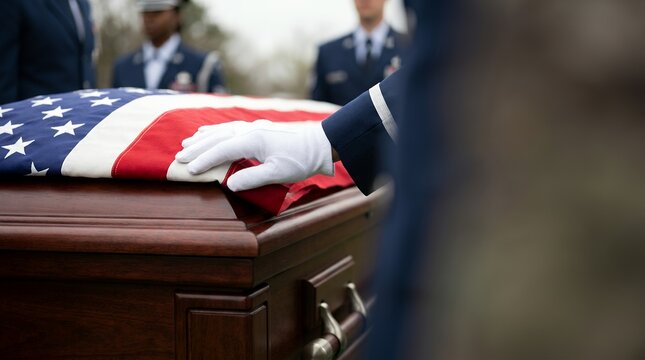 Honor guard touching coffin with flag. Military funeral service with soldier in uniform.