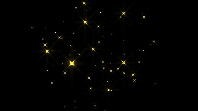 Golden stars and bokeh lights sparkle glittering burst effect, magical dust trail, cartoon doodle twinkle effects, seamless loop animation on black screen, 2d sparkle pop-up animation, 4k loop