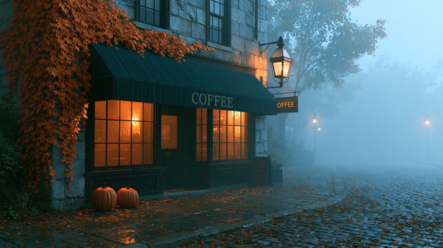 Misty street corner with coffee shop and autumn ivy, warm window light on stone facade and wet cobblestone road
