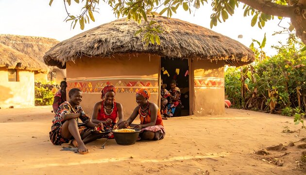 African villagers preparing traditional meal in front of mud hut.