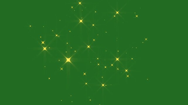 Golden stars and bokeh lights sparkle glittering burst effect, magical dust trail, cartoon doodle twinkle effects, seamless loop animation on green screen, 2d sparkle pop-up animation, 4k loop