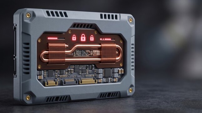 Enterprise quantum encryption hardware security storage drive module 3D illustration with copy space