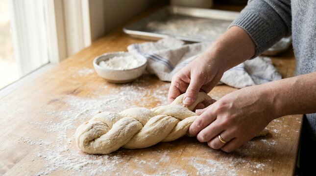 Woman braiding challah dough for holiday. Female hands preparing traditional bread at home.