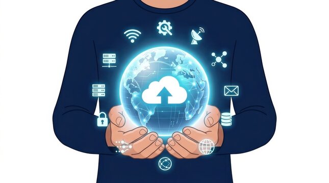 Digital globe with cloud upload symbol and surrounding network icons a vector illustration digitalization world earth connectivity data information computing transfer satellite