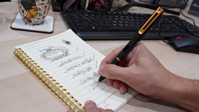 Close-up of a person's hand using a black pen to write a business strategy and efficiency plan in a spiral notebook on a wooden desk with a keyboard nearby.