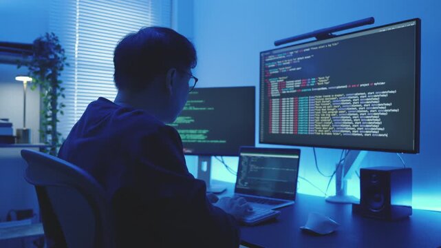 Software Developer Programmer Focused Writing Code at Night in Blue Light Workspace.