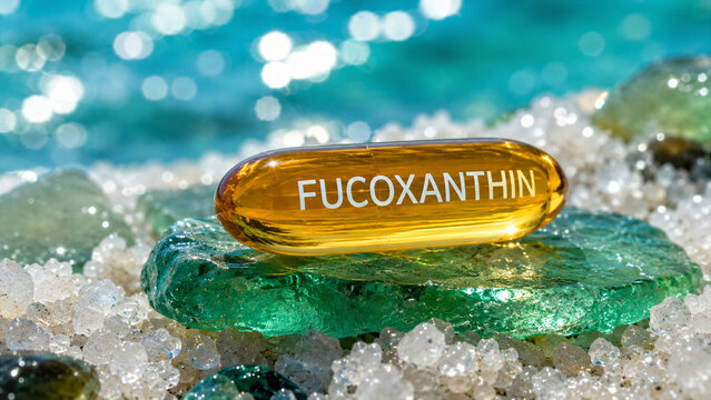 A fucoxanthin capsule is placed on a piece of green glass and grains of sand near the edge of the ocean. The water sparkles in the background under sunlight