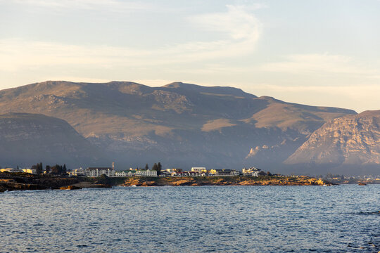 homes overlooking Hermanus Harbor at sunset, South Africa