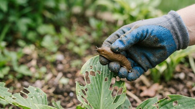 Gardener holding a slug on damaged plant leaf. Pest control removing mollusk from garden.