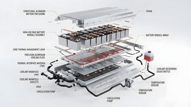 Exploded Electric Vehicle Battery Pack with Thermal Management System, Cooling Circuit and Engineering Technical Cutaway Illustration
