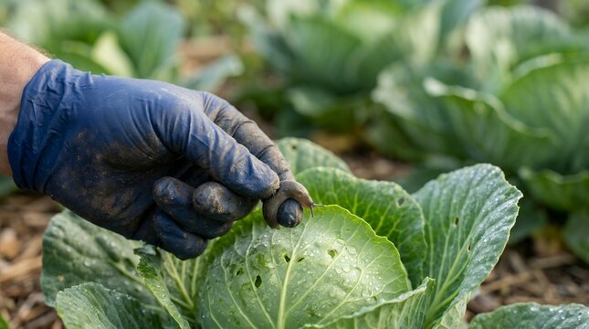 Gardener removing slug from cabbage leaf. Farmer hand picking garden pest in vegetable patch.
