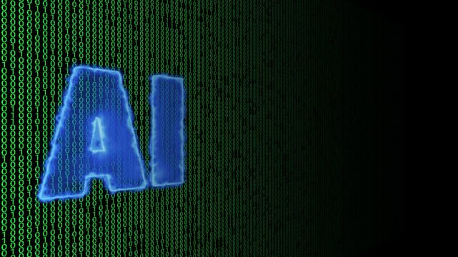 Artificial intelligence logo glowing blue over digital binary code background 4K Seamless Loop..