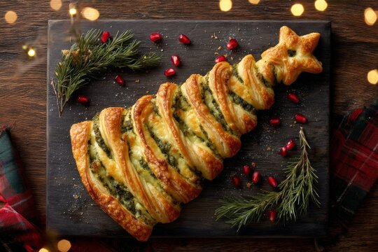 Deliciously crafted Christmas tree pastry perfectly shaped for festive gatherings and holiday celebrations with a delightful filling and wholesome ingredients. Generative AI
