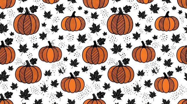 Seamless pattern with pumpkins and maple leaves