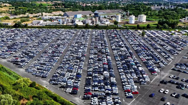 Drone rises above thousands of parked export cars near industrial site in Port of Bordeaux, France