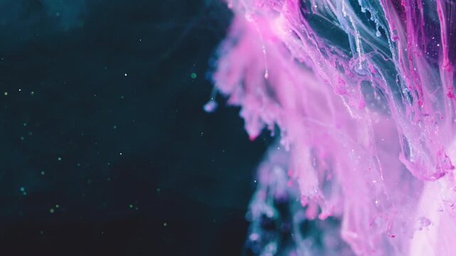 Pink and purple ink diffusing into dark teal water with layered translucent sheets and detached droplets